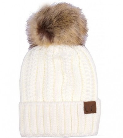 Skullies & Beanies Exclusive Knitted Hat with Fuzzy Lining with Pom Pom - Ivory - CQ12K7GMBHD