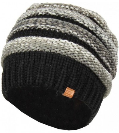 Skullies & Beanies Striped Marled Ribbed Knit Beanie Hat- Slouchy Oversized Chunky Skully Cap - Black - C718I2LK7RL