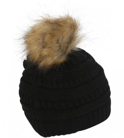Skullies & Beanies Cable Knit Faux Fur Pom Pom Beanie Hat - Black - C612M1RBQVN