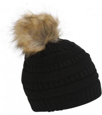 Skullies & Beanies Cable Knit Faux Fur Pom Pom Beanie Hat - Black - C612M1RBQVN