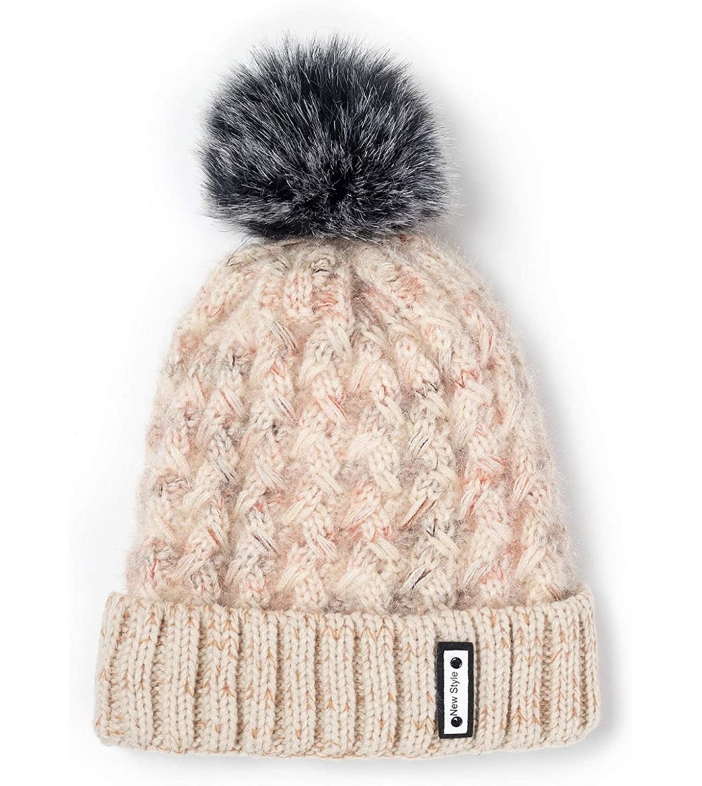 Skullies & Beanies Winter Knit Beanie Hat for Women Slouchy Baggy with Faux Fur Pompom Warm Ski Cap - Beige - CY18Z38IMRY