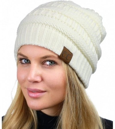 Skullies & Beanies Unisex Chunky Soft Stretch Cable Knit Warm Fuzzy Lined Skully Beanie - Ivory - CB187GDR0YL