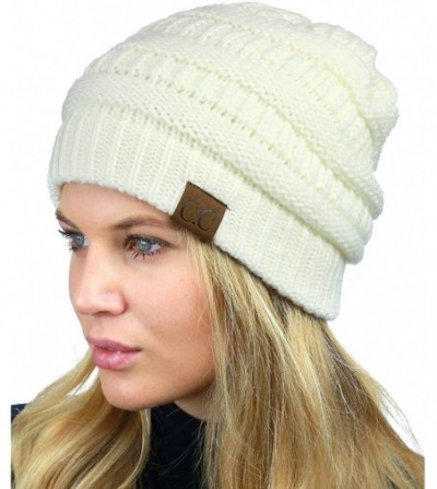 Skullies & Beanies Unisex Chunky Soft Stretch Cable Knit Warm Fuzzy Lined Skully Beanie - Ivory - CB187GDR0YL