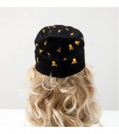 Skullies & Beanies Womens Beanie Printed Slouchy Wool - Beany for Women Knit Hats Caps Soft Warm - Black-golden Skull - CP187...
