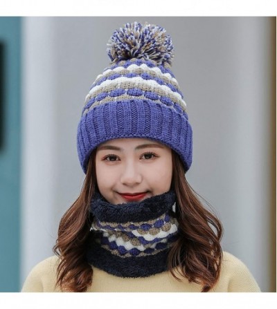 Skullies & Beanies 2 Pcs Knitted Hat Scarf Set for Women Winter Warm Fleece Lined Beanie Hat Ski Hat with Pompom - Blue - CE1...
