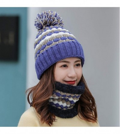 Skullies & Beanies 2 Pcs Knitted Hat Scarf Set for Women Winter Warm Fleece Lined Beanie Hat Ski Hat with Pompom - Blue - CE1...