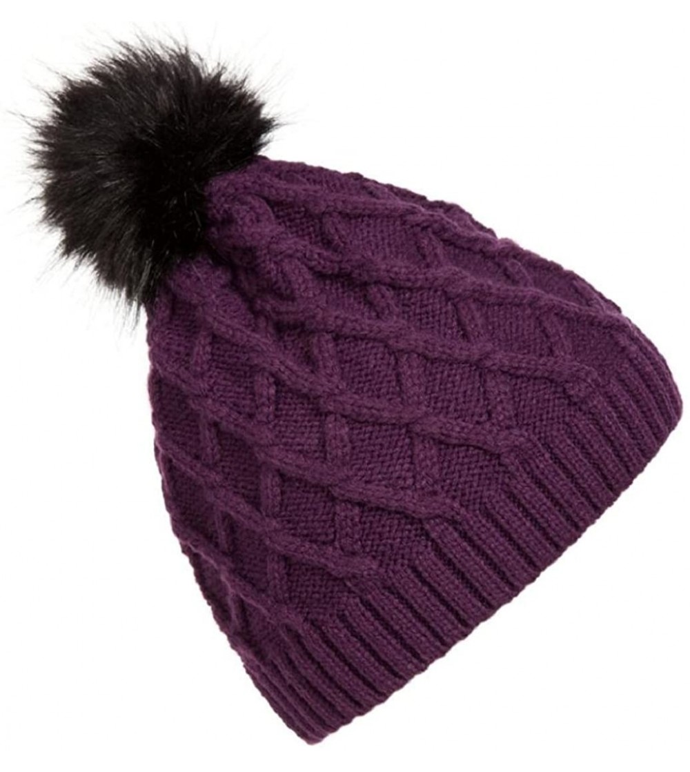 Skullies & Beanies Women Crochet Hat Faux Fur Pom Pom Woolen Knit Beanie Raccoon Warm Caps - Purple - CB12NUQBJ7T