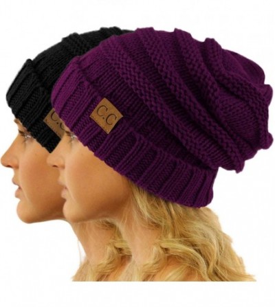 Skullies & Beanies Winter Trendy Warm Oversized Chunky Baggy Stretchy Slouchy Skully Beanie Hat - Black/Purple 2 Pack Combo -...