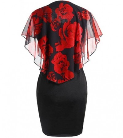 Sun Hats Women's Long Sleeve O-Neck Casual Rose Print Chiffon Ruffles Mini Dress - Red - CM18N75AL6Z