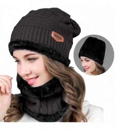 Headbands Women Winter Warm Hat Knit Reversible Plush Lined Hat Ski Cap Set Fleece Neck Warmer Circle Loop Scarf - CS18RNWON3R