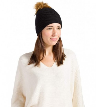 Skullies & Beanies Women's 100% Cashmere Beanie Hat with Pom - Black - CZ18WXDSKMX