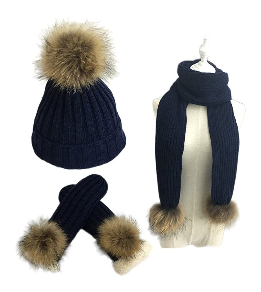 Skullies & Beanies Women Pom Pom Beanie Hat Scarf Gloves Set Winter Thick Knitted 3 piece Mitten Sets - Navyblue - CB18954E976
