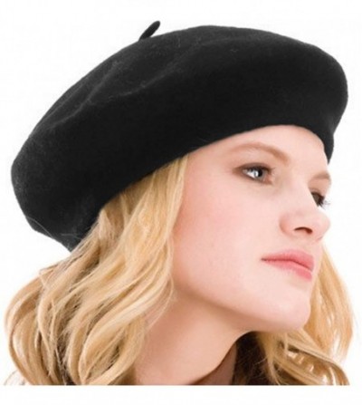 Berets Womens Beret 100% Wool French Beret Solid Color Beanie Cap Hat - Black - CQ18HAK2GKE