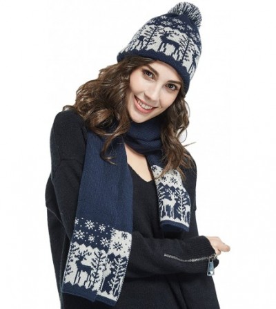 Skullies & Beanies Christmas Pom Pom Beanie Winter Warm Knit Cap Skully-Scarf & Hat Set - Navy - CX186HHGYGN