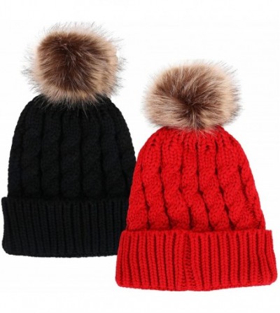 Skullies & Beanies Womens Winter Hand Knit Faux Fur Pompoms Beanie Hat - 2 Pcs Black/Red - CD12BYRSBLT