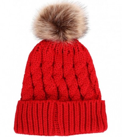 Skullies & Beanies Womens Winter Hand Knit Faux Fur Pompoms Beanie Hat - 2 Pcs Black/Red - CD12BYRSBLT