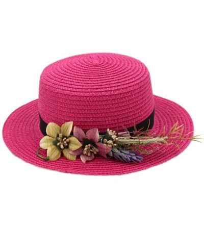 Sun Hats Women Straw Boater Hat Summer Beach Sun Sailor Bowler Cap w/Flower Hatband - Rose Red - CG18TM9RGZK