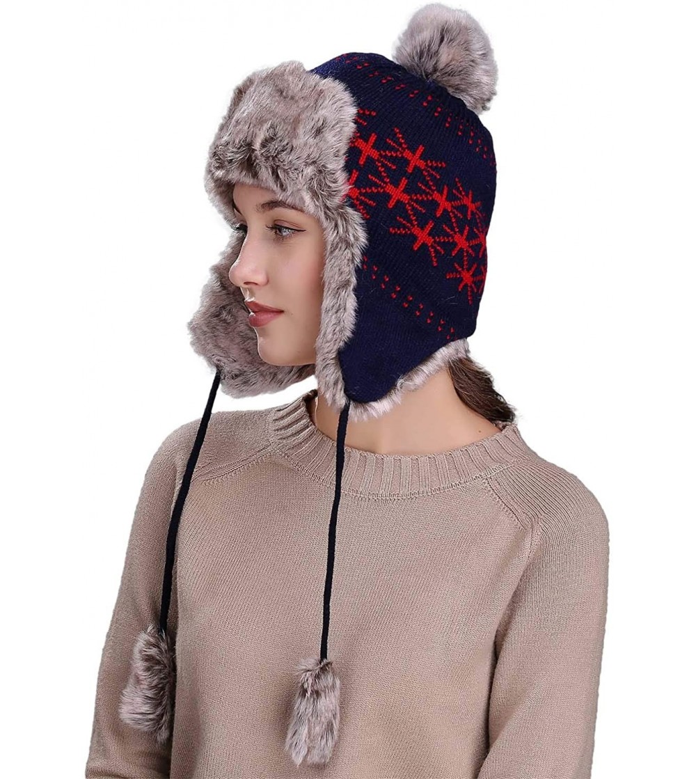 Skullies & Beanies Women Peruvian Earflap Beanie Hat Knitted Pom Winter Snow Ski Hat Ladies - Am37-navy - CZ18ANA22H4