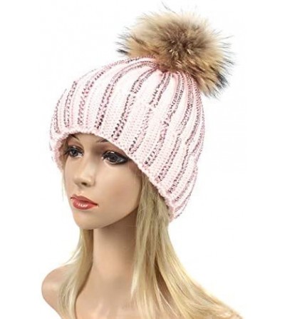 Skullies & Beanies Women Rhinestone Beanie Skull Hats Warm Knitting Hat Real Raccoon Fur Pompom Bobble Caps - Pink(brown Bobb...