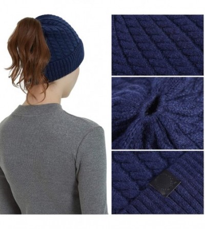 Skullies & Beanies Merino Wool Knitted Bun Beanie - Women Hat Cap with Cute Pony Tail Hole - Pony Tail Hole (Blue New) - CZ18...