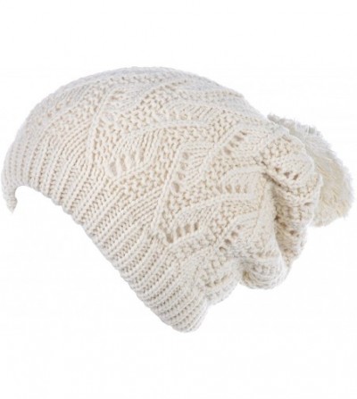 Skullies & Beanies Winter Big Pom Pom Beanie Hat Wool Blend Fleece Lined Color Block 2 Styles - Off White Pom - C018XXK55GY
