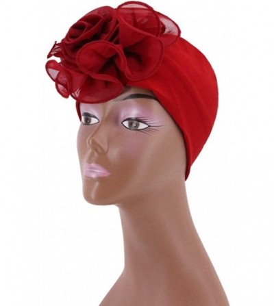 Sun Hats Shiny Metallic Turban Cap Indian Pleated Headwrap Swami Hat Chemo Cap for Women - Wine Red African Flower - CQ198W698C2