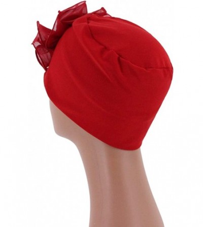 Sun Hats Shiny Metallic Turban Cap Indian Pleated Headwrap Swami Hat Chemo Cap for Women - Wine Red African Flower - CQ198W698C2