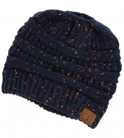 Skullies & Beanies Quality Knit Messy Bun Hat Beanie - Navy Flecked - CH188I5WMRQ