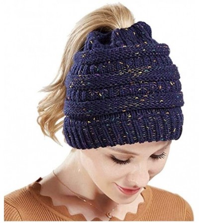 Skullies & Beanies Quality Knit Messy Bun Hat Beanie - Navy Flecked - CH188I5WMRQ