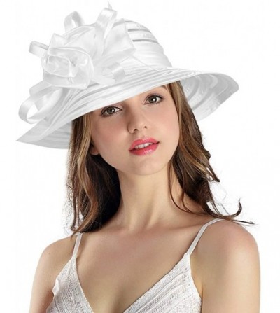 Bucket Hats Women's Big Floral Fascinators Kentucky Derby Church Floppy Wide Brim Cloche Bowler Bucket Hat - White - CU17YSEZZEA