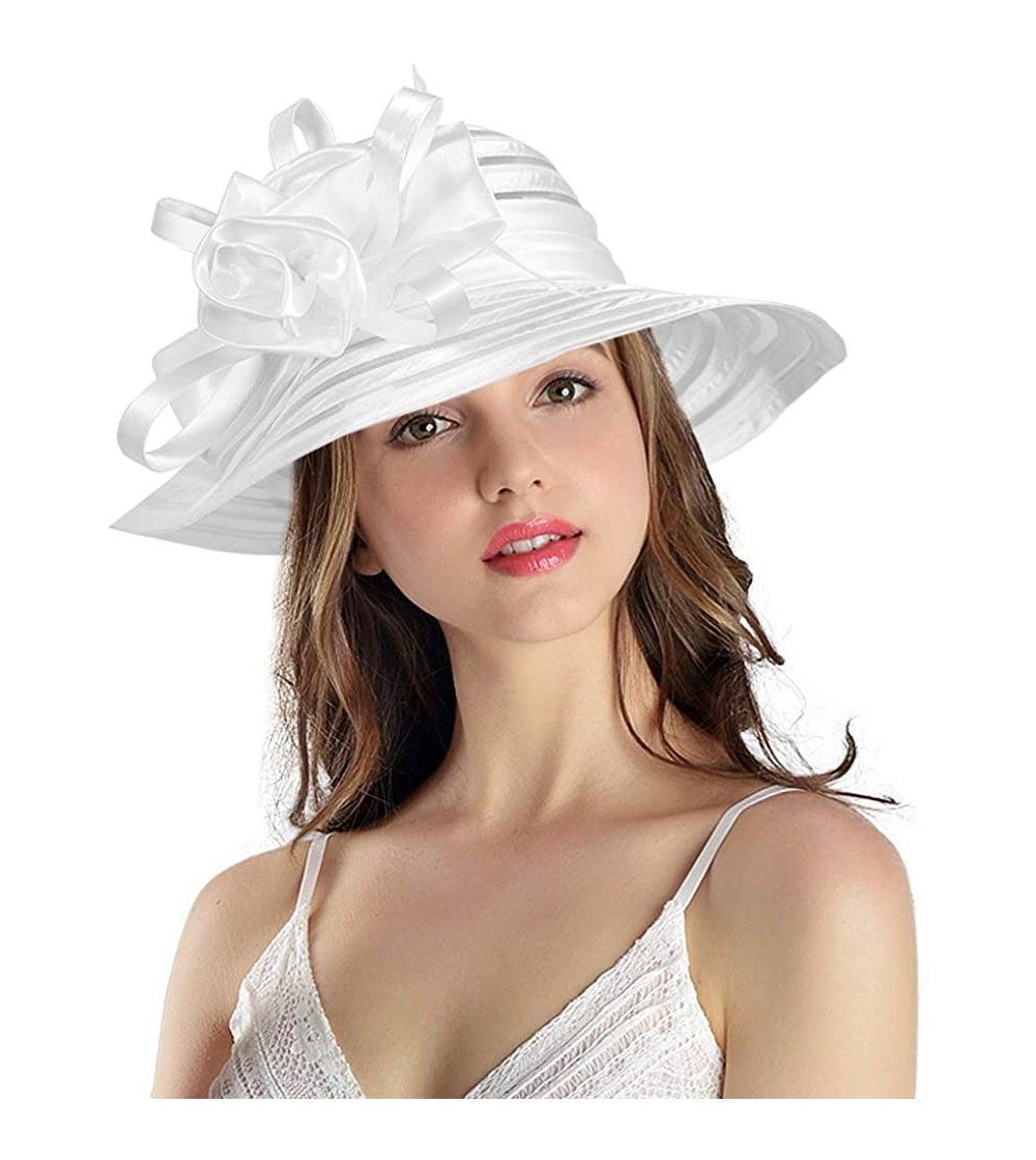 Bucket Hats Women's Big Floral Fascinators Kentucky Derby Church Floppy Wide Brim Cloche Bowler Bucket Hat - White - CU17YSEZZEA