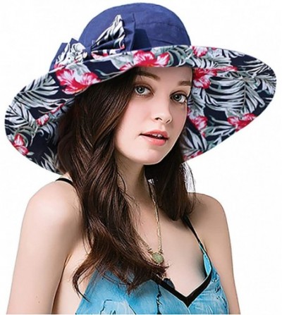 Sun Hats Womens Wide Brim Floppy Sun Hat Reversible Summer Beach Hats with Detachable Bowknot - Dark Blue - C918GSELHHR