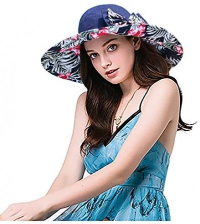 Sun Hats Womens Wide Brim Floppy Sun Hat Reversible Summer Beach Hats with Detachable Bowknot - Dark Blue - C918GSELHHR