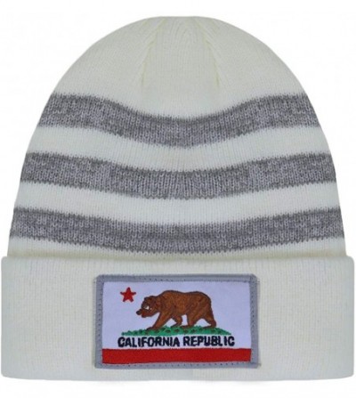 Skullies & Beanies Striped California Republic Cali Bear Long Beanie Cuffed Knit 12 inches Winter Hat - White/Gray - CE18IRSMRMZ