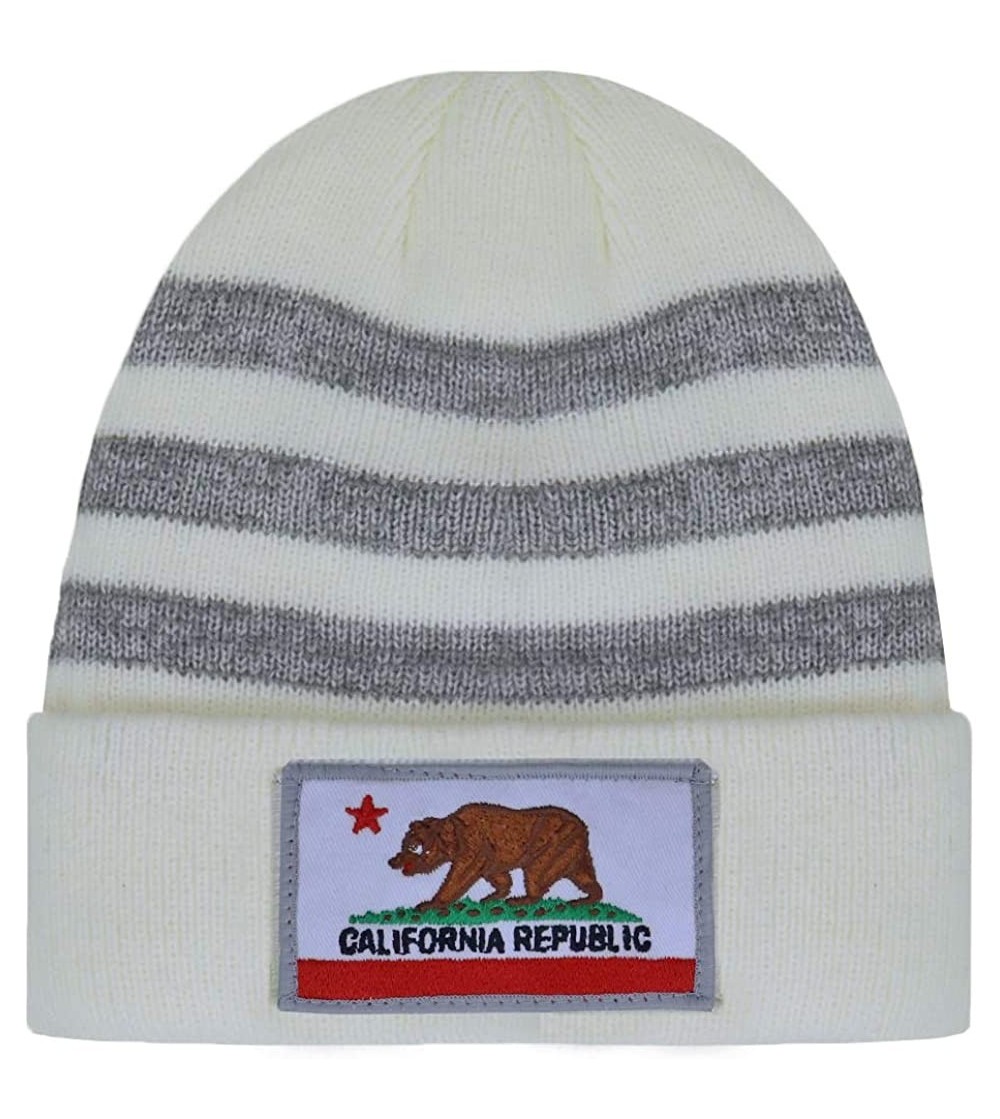 Skullies & Beanies Striped California Republic Cali Bear Long Beanie Cuffed Knit 12 inches Winter Hat - White/Gray - CE18IRSMRMZ