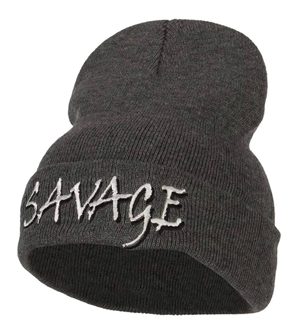 Skullies & Beanies Savage Embroidered Long Knitted Beanie - Dk Grey - CQ18K70C348