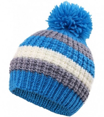 Skullies & Beanies Boys Girls Kids Knit Beanie with Pompom Toddlers Winter Hat Cap - Blue Striped - CK18530THHI