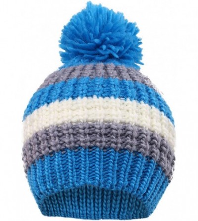 Skullies & Beanies Boys Girls Kids Knit Beanie with Pompom Toddlers Winter Hat Cap - Blue Striped - CK18530THHI