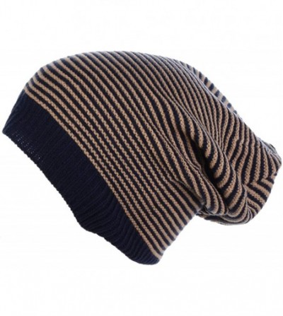 Skullies & Beanies an Unisex Striped Knit Slouchy Beanie Hat Lightweight Soft Fashion Cap - Navy Khaki - C012CJFC30P