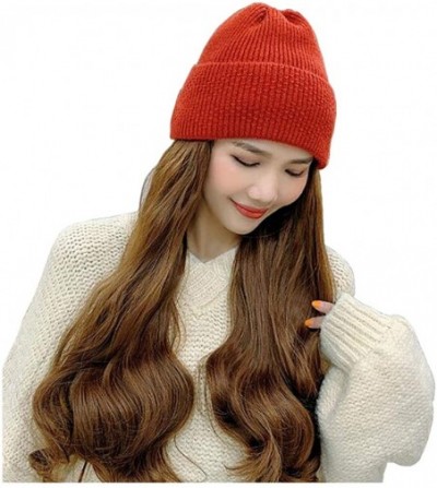 Newsboy Caps Women Knit Beanie Hat with Hair Attached Long Wavy Wig Winter Skull Cap - Wine Red - C218ZZ2Z0RM