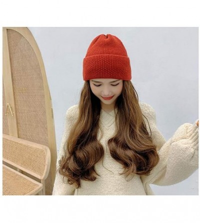 Newsboy Caps Women Knit Beanie Hat with Hair Attached Long Wavy Wig Winter Skull Cap - Wine Red - C218ZZ2Z0RM