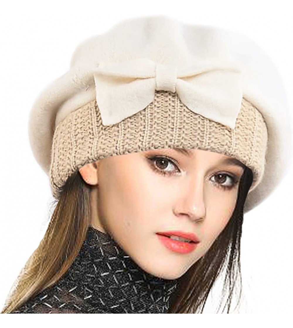 Berets Lady French Beret 100% Wool Beret Floral Dress Beanie Winter Hat - Bow-cream - C91862LXMIZ
