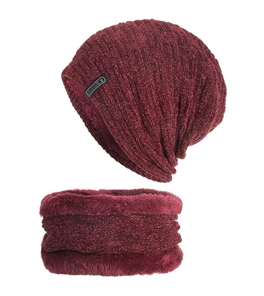 Skullies & Beanies 2PCS Set Unisex Knitted Thick Cap Hedging Head Hat Beanie Warm Caps+Neck Warmers Suit - Wine Red - CI18L3E...