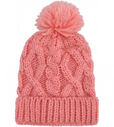 Skullies & Beanies Kids and Toddlers' Chunky Cable Knit Beanie with Yarn Pompom Set of 2 - Pink+red Stripe - CG1862458EL