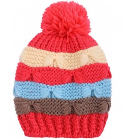 Skullies & Beanies Kids and Toddlers' Chunky Cable Knit Beanie with Yarn Pompom Set of 2 - Pink+red Stripe - CG1862458EL
