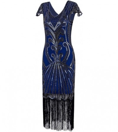 Headbands Long 1920 Vintage Gatsby Beaded Embellished Fringe Cocktail Flapper Dress - Blue - CP183OD6MQM