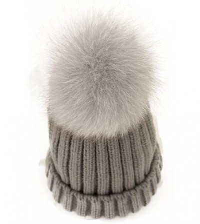 Skullies & Beanies Womens Knitted Hat Fox Fur Pom Pom Warm Slouchy Beanie Cap - Gray - C9188NI8LQ6