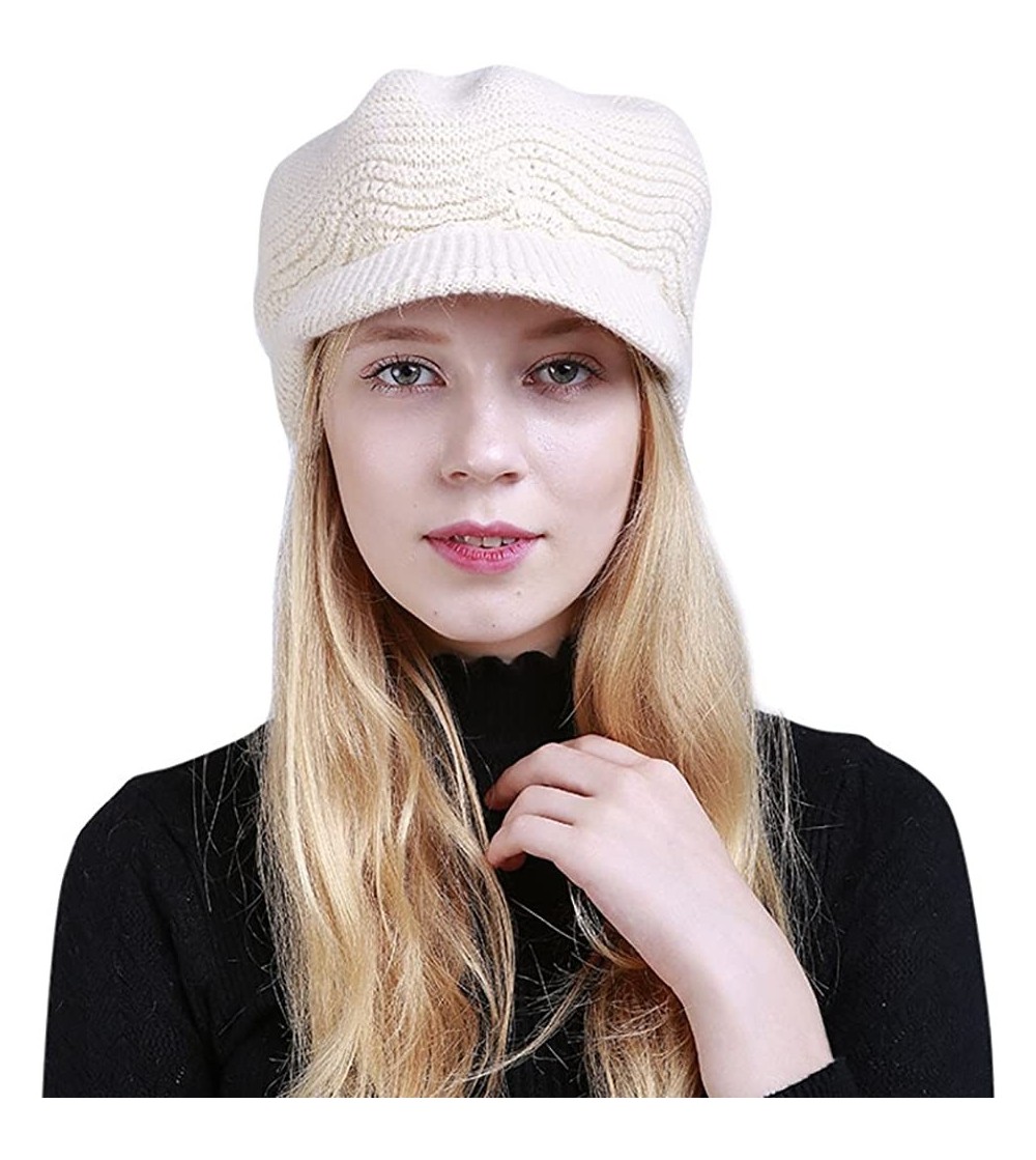 Bomber Hats Womens Knit Cap Solid Warm Crochet Winter Wool Knit Manual Caps Hat - White - CC18IQ8DREL