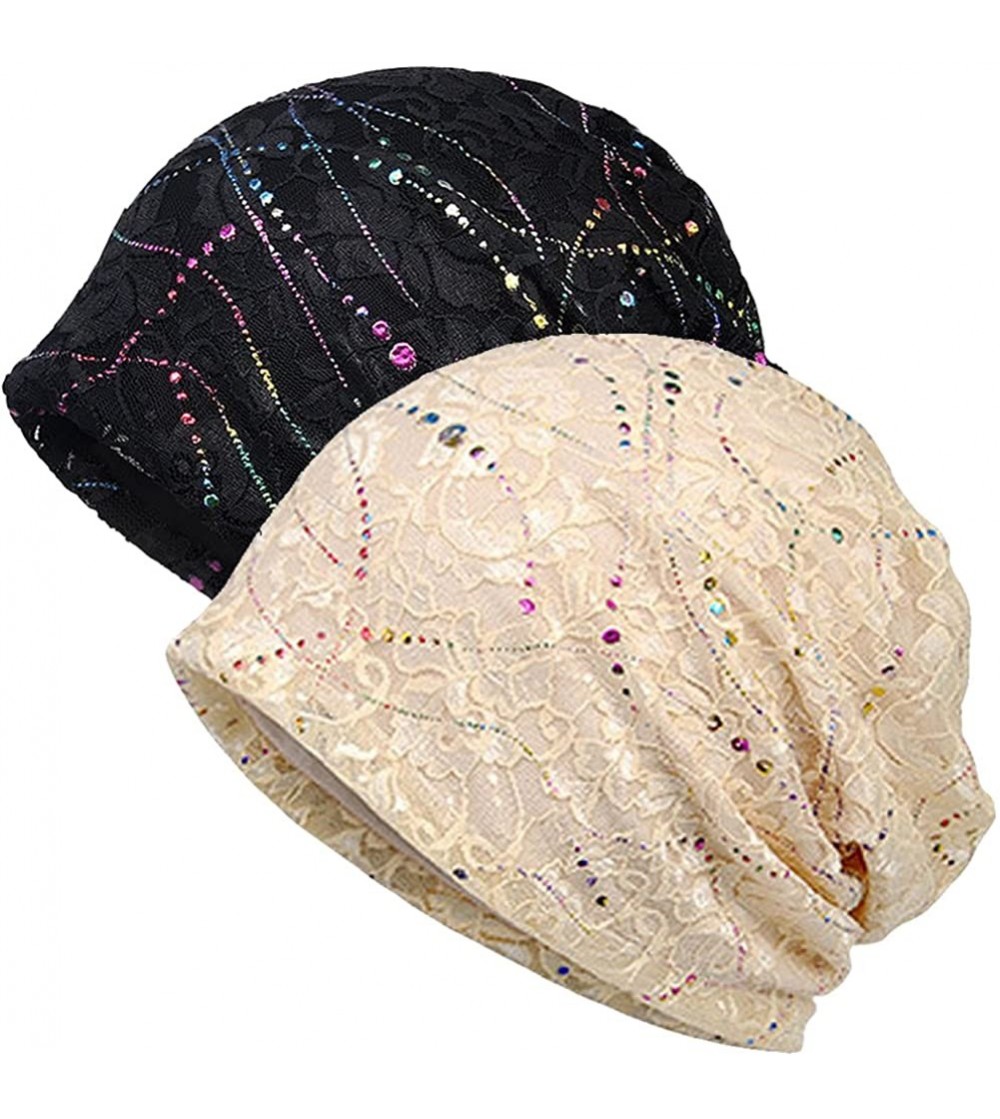 Skullies & Beanies Womens Cotton Beanie Lace Turban Soft Sleep Cap Chemo Hats Fashion Slouchy Hat - 2pack Black+beige Lace - ...