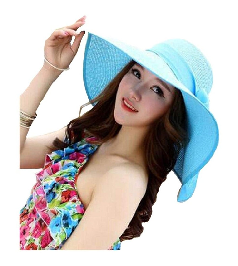 Sun Hats Womens Big Bowknot Straw Hat Foldable Roll up Sun Hat Beach Cap UPF 50+ Protection Sun Hats 041 - Sky Blue-a - CZ18W...
